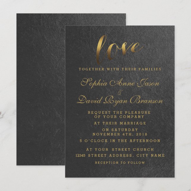 Chic Shining Gold Foil Liebe Schwarze Hochzeit Ein Einladung (Vorne/Hinten)