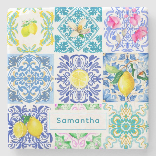 Chic Sicilian azulejo Amalfi Mediterrane Fliesen Steinuntersetzer (Vorderseite)