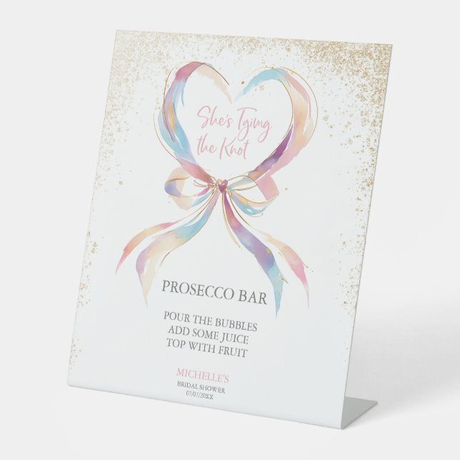 Chic Sie bindet die knallrosa Bow Prosecco-Bar Sockelschild (Vorderseite)