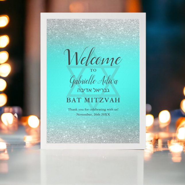 Chic silber Glitzer aquamarin Bat Mitzvah Empfang Poster (Chic silver glitter teal Bat Mitzvah welcome Poster)