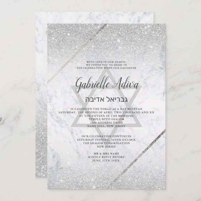 Chic silber Glitzer Drehbuch Marmor Bat Mitzvah Einladung (Vorne/Hinten)
