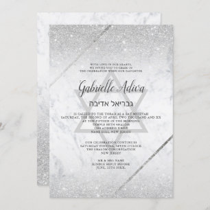 Chic silber Glitzer Drehbuch Marmor Bat Mitzvah Einladung