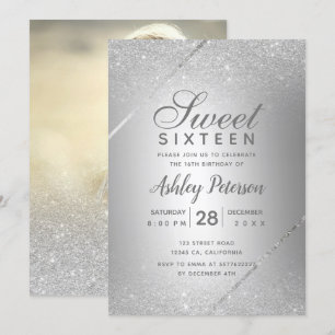 Chic silber Glitzer Drehbuch metallic Sweet 16 Einladung