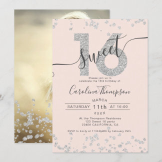 Chic silber Glitzer Konfetti rot Sweet 16 Foto Einladung