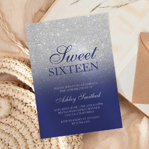 Chic silber Glitzer Marineblau elegante Sweet 16 Einladung