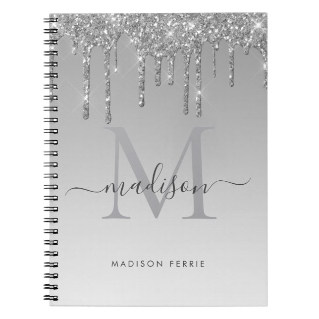 Chic silber Glitzer Monogram Spiralnotebook Notizblock (Vorderseite)