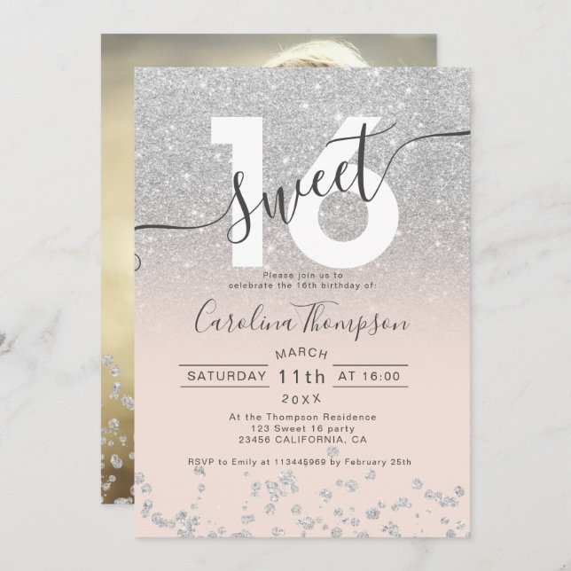 Chic silber Glitzer ombre blush Sweet 16 Foto Einladung (Vorne/Hinten)