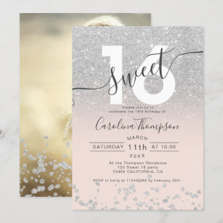 Chic silber Glitzer ombre blush Sweet 16 Foto Einladung