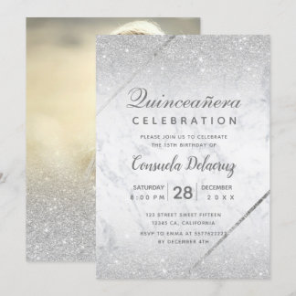 Chic Silber-Glitzer-Skript Marmor Quinceanera Einladung
