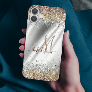 Chic silber-goldener falscher Glitter-Monogramm iPhone 16 Hülle