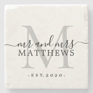 Chic Silber Monogramm-Schriftzug Name Hochzeitsdat Steinuntersetzer