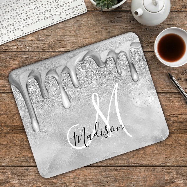 Chic silber ombre Glitzer Tropfen Monogramm Mousepad (Von Creator hochgeladen)
