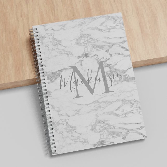 Chic Silberfolie Klassisches Marmor-Monogramm Notizbuch (Von Creator hochgeladen)