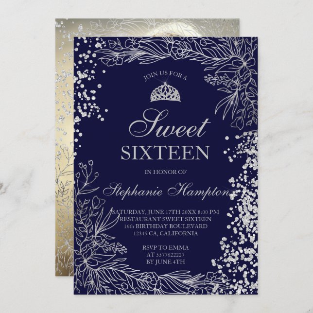 Chic silberne blühende Marine Blau Tiara chic Swee Einladung (Vorne/Hinten)