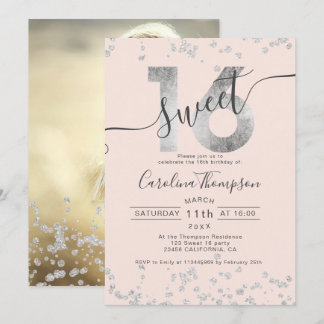 Chic silberne Folie Konfetti rot Sweet 16 Foto Einladung