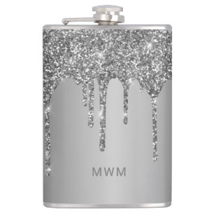 Chic silberne Glittertropfen funkeln Monogramm Flachmann