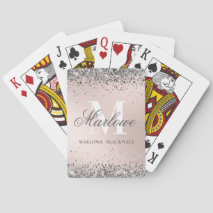 Chic Silver and Blush Pink Monogram Glitzer Spielkarten