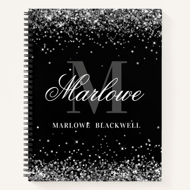 Chic Silver Black and White Monogram Glitzer Notizbuch (Vorderseite)