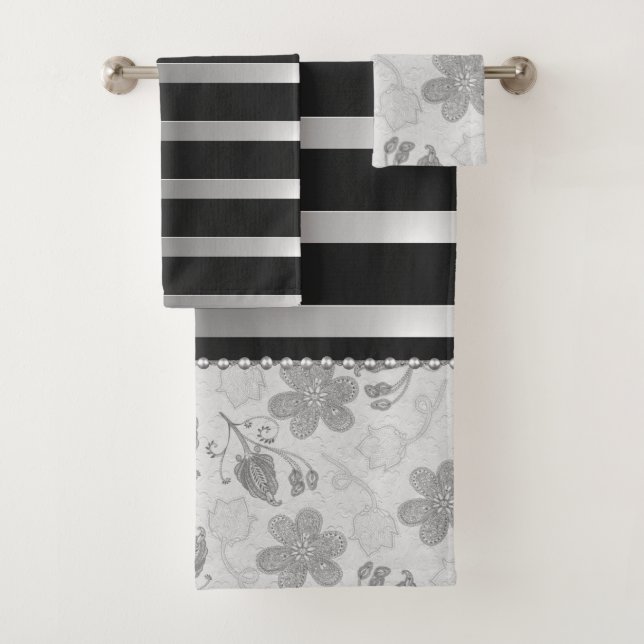 Chic Silver Black Stripes floral Badhandtuch Set (Insitu)