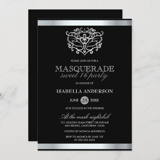 Chic Silver & Black Typografie Masquerade Sweet 16 Einladung (Vorne/Hinten)