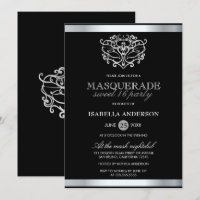 Chic Silver & Black Typografie Masquerade Sweet 16