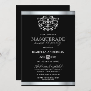 Chic Silver & Black Typografie Masquerade Sweet 16 Einladung