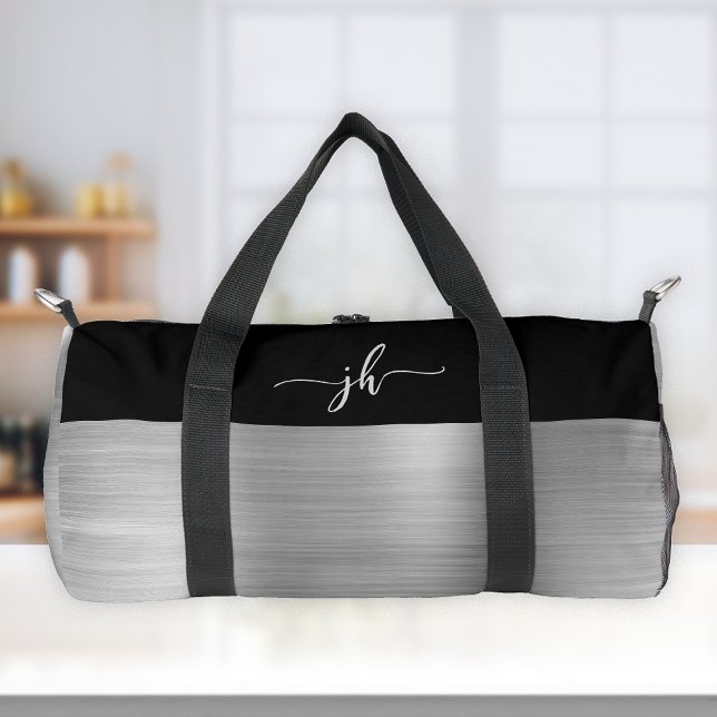 Chic Silver Brushed Metal Black Script Monogram Duffle Bag (Von Creator hochgeladen)