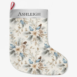 Chic Silver Cream Blue White Floral Weihnachten Großer Weihnachtsstrumpf