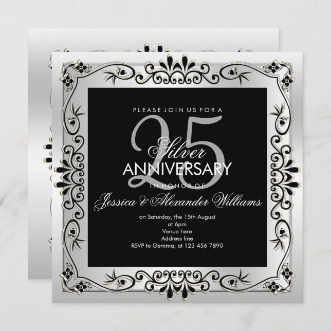Chic Silver Decorative Gerahmt 25 Jahre alt Einladung (Vorne/Hinten)