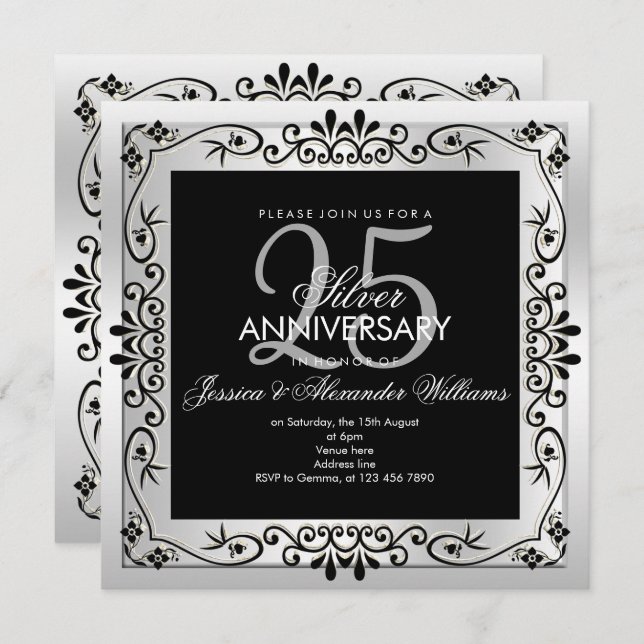 Chic Silver Decorative Gerahmt 25 Jahre alt Einladung (Vorne/Hinten)