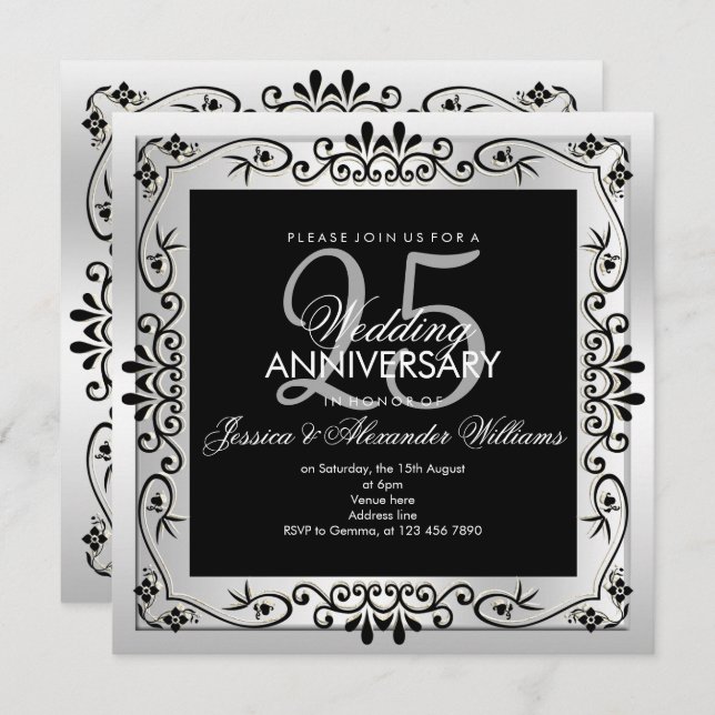 Chic Silver Decorative Gerahmt 25 Jahre alt Einladung (Vorne/Hinten)