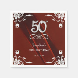 Chic Silver Floral Frame Burgundy 50. Geburtstag Serviette