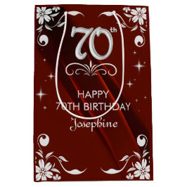 Chic Silver Floral Frame Burgundy 70. Geburtstag Mittlere Geschenktüte