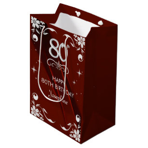 Chic Silver Floral Frame Burgundy 80. Geburtstag Mittlere Geschenktüte