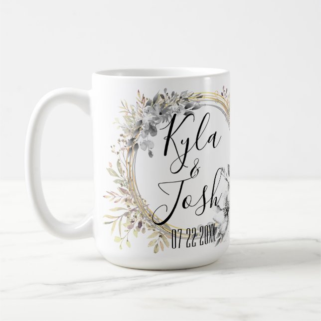 Chic Silver Floral Wreath Wedding Personalisiert Kaffeetasse (Links)