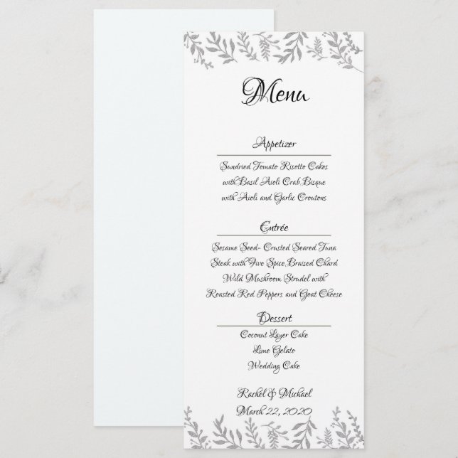 Chic Silver Foil Blätter Empfang Menu Card Einladung (Vorne/Hinten)