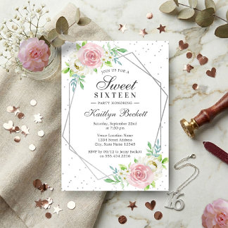 Chic Silver Foil Floral Sweet 16 Geburtstag Einladung