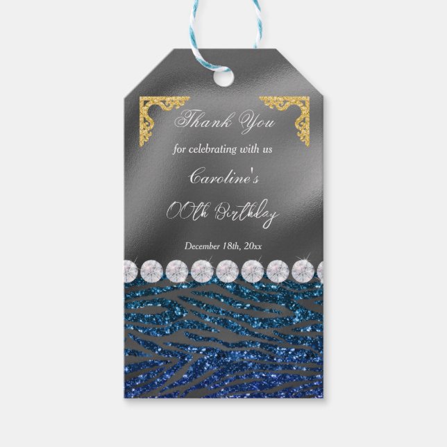 Chic Silver Foil Gold & Dark Blue Zebra Print Geschenkanhänger (Vorderseite)