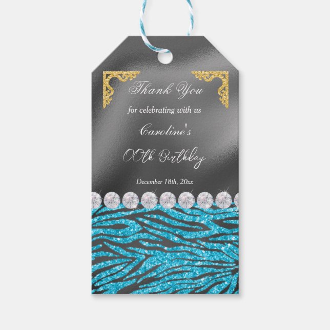 Chic Silver Foil Gold & Light Blue Zebra Print Geschenkanhänger (Vorderseite)