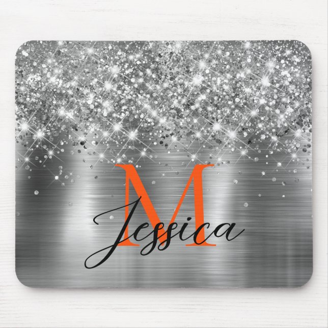 Chic Silver Foil Imitate Glitzer Orange Monogram Mousepad (Vorne)