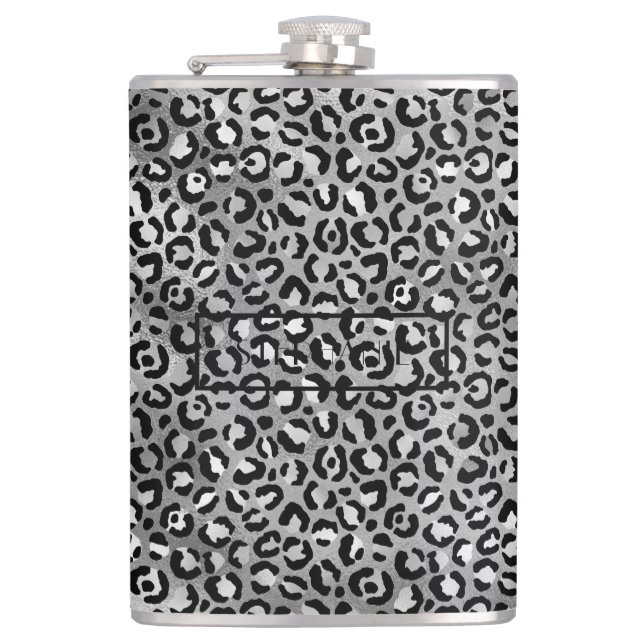 Chic Silver Foil Leopard Print Personalisiert Flachmann (Vorderseite)