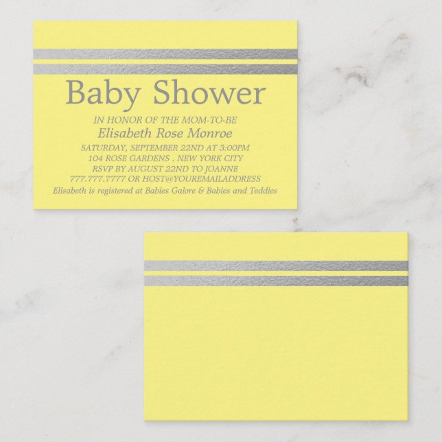 Chic Silver Foil Streifen Yellow Baby Showticket Visitenkarte (Vorne/Hinten)