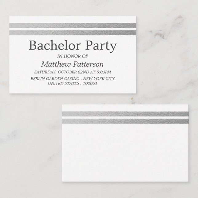 Chic Silver Foil Stripes Bachelor Party Ticket (Vorne/Hinten)