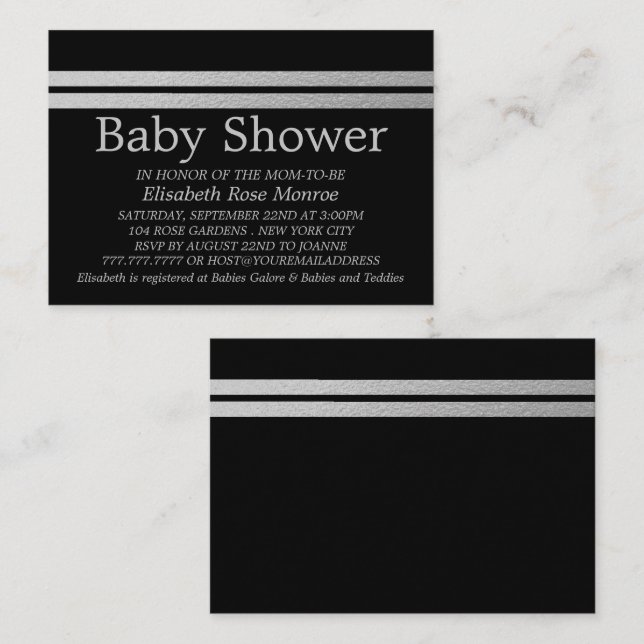 Chic Silver Foil Stripes, Black Baby Shooting Tick Visitenkarte (Vorne/Hinten)