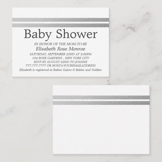 Chic Silver Foil Stripes, White Baby Shooting Tick Visitenkarte (Vorne/Hinten)