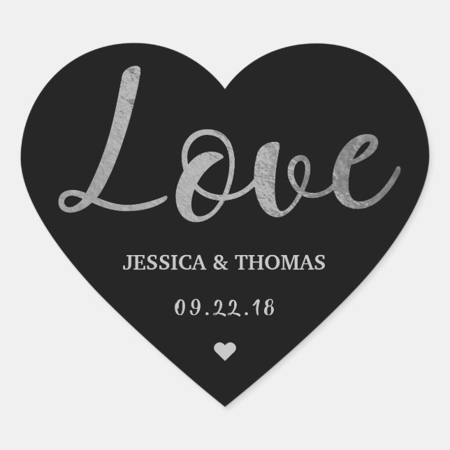Chic Silver Foil Typografy Script Liebe Wedding Herz-Aufkleber (Vorderseite)