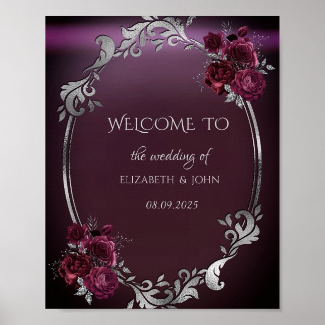 Chic Silver Frame Burgundy Rose Poster (Vorne)