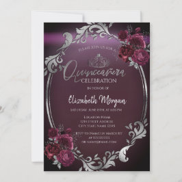 Chic Silver Frame Burgundy Rose Quinceañera Einladung