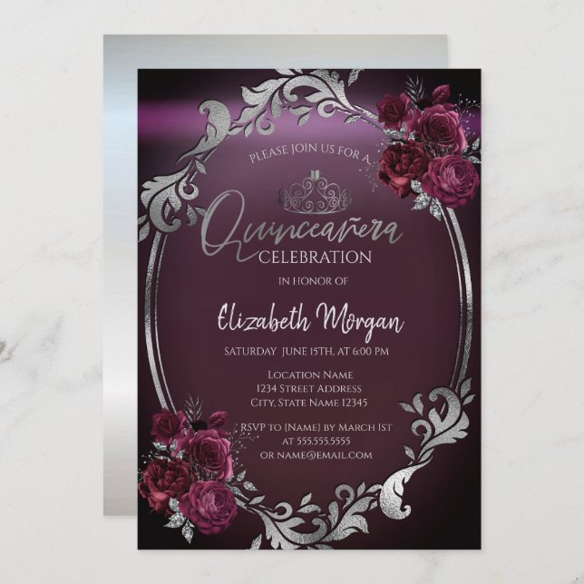 Chic Silver Frame Burgundy Rose Quinceañera Einladung (Vorne/Hinten)