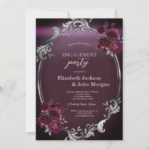 Chic Silver Frame Burgundy Rose Verlobung Einladung